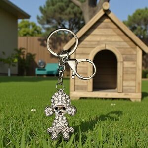 Silver Poodle Dog Allover Clear Rhinestone Bag Purse Charm Keychain Labradoodle